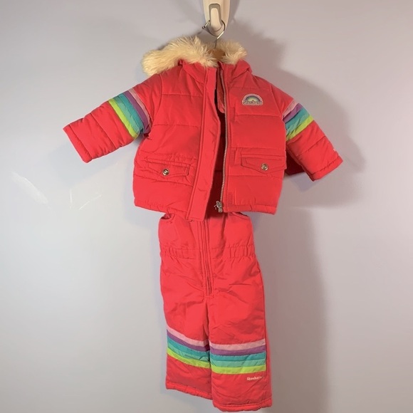 Sketchers toddler size 12 months pink retro rainbow full snowsuit bibs coat - Picture 1 of 12